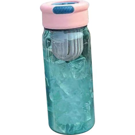 Wasserflasche aus Kunststoff mit integriertem Tee-Einsatz, transparenter Korpus, 650 ml, Sport-Wasserflasche für Büroangestellte, rosa Deckel, blauer Korpus (1/5)