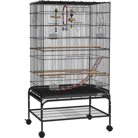 Gabbia per Uccelli 64x45x110 cm con Area Gioco Vassoio Estraibile e Mensola Nero (1/5)