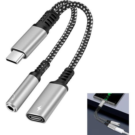 Adaptador de audio USB-C 2 en 1 de 60 W con carga rápida (plateado) (1/5)