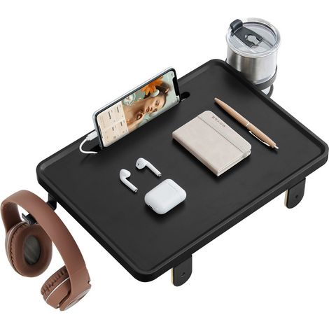 VASAGLE Plateau de Lit, Étagère de Lit, pour Lit Superposé, pour Lit Mezzanine, Emplacement pour Téléphone, Porte-Verre Rotatif, Crochet, Pinces Réglables, Chambre, Noir d’Encre (1/5)
