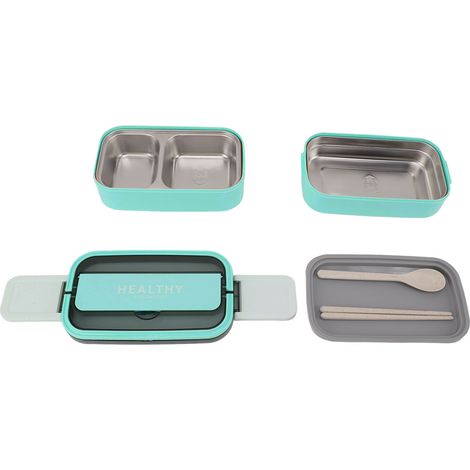 Boîte à bento double compartiment en acier inoxydable 316, boîte à lunch portable avec couverts, idéale pour le travail, l'école et le bureau, 1400 ml, verte (1/5)