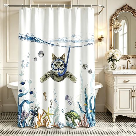 Rideau de douche 120x200 cm, anti-moisissure en textile avec motif de chats, ourlet lesté et hydrofuge, en polyester lavable pour salle de bain, avec 12 œillets et tringle pour baignoire (1/5)