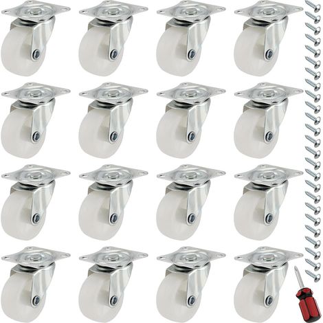 Roulettes pour meubles, Lot de 16 roulettes pivotantes sans frein - Diamètre : 40 mm - Avec vis et tournevis - Pour meubles, caisses à outils - Blanc (1/5)