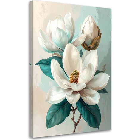 Quadro su tela Magnolia bianca con foglie turchesi su sfondo chiaro 20x30 (1/5)
