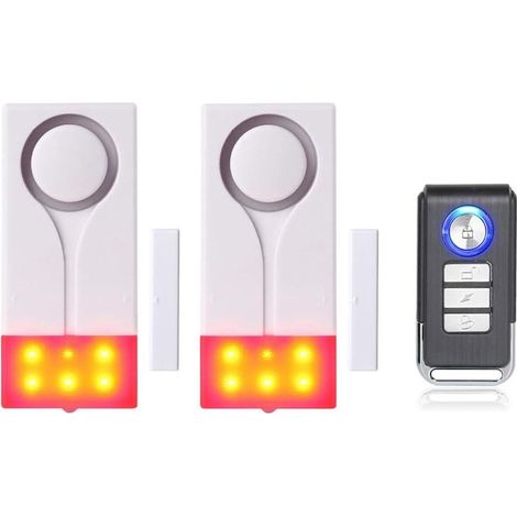 Alarma para puertas y ventanas: dispositivo antirrobo inalámbrico con potente sonido de 105 dB y luz brillante (2 alarmas y 1 control remoto). (1/4)