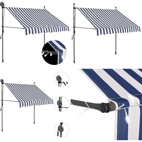 Auvent manuel rétractable avec LED 150 cm Bleu et blanc - Auvent Retractable - Stores Exterieurs - Parasol - Abri Jardin - Protection Soleil - Home & Living (1/5)