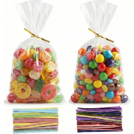 200 Pièces Sachet Bonbon, 10x15 cm Sachet Plastique Transparent Sacs Cellophane avec 200 Rubans Métalliques Pour Bonbons, Biscuits, Pain, Fruits, Etc. Parfaits Pour Les Fêtes De Cadeaux (1/5)
