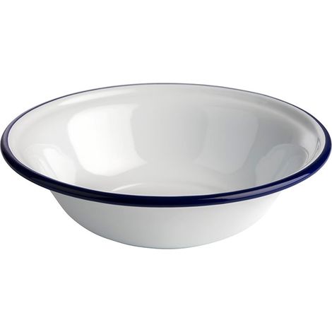 Bol « ENAMELWARE », bol à sauce, à snacks, bol à muesli, 0,45 litre, Ø 16,5 cm, hauteur 4,5 cm, tôle d'acier émaillée, blanc avec bord bleu (1/5)