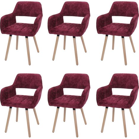 Set 6x sedie da pranzo HHG-867 II, poltroncina cucina imbottita, legno Stoffa/tessuto ciniglia (465g/m²), bordeaux
