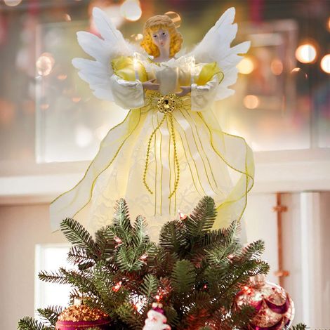Engelsfigur für Weihnachtsbaumspitze, LED-Stern, Weihnachtsbaumschmuck, 32 cm goldener Rock (1/3)