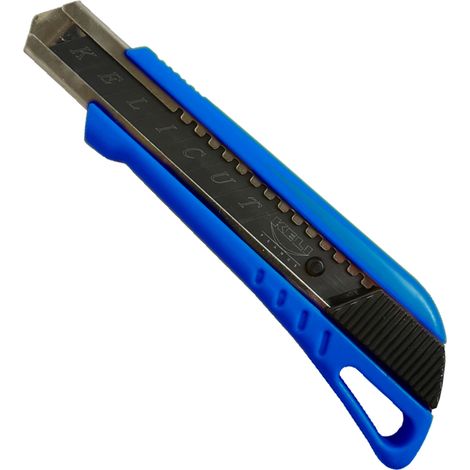 KELI - Cutter 18mm Bleu avec Lame Black Blade SK2 (2 Lames Supplémentaires incluses dans le réservoir) - Durée de vie 3 fois supérieure (1/4)