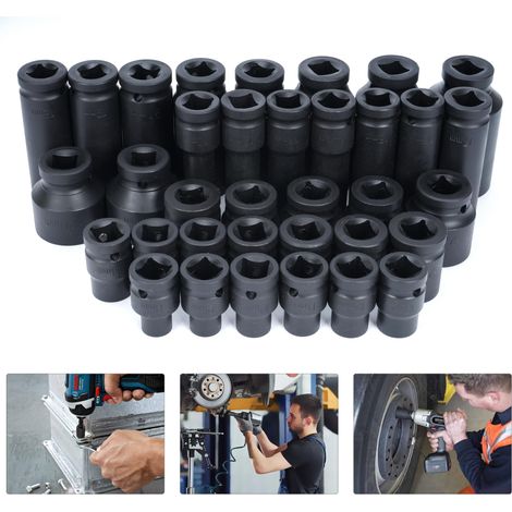 Set mit 35 Steckschlüsselaufsätzen mit 12,7-mm-Vierkant (1/2"): lange und kurze Aufsätze, Druckluftschlüssel, Sechskantverlängerungen und Drehwerkzeug für professionelle Fahrzeugreparaturen