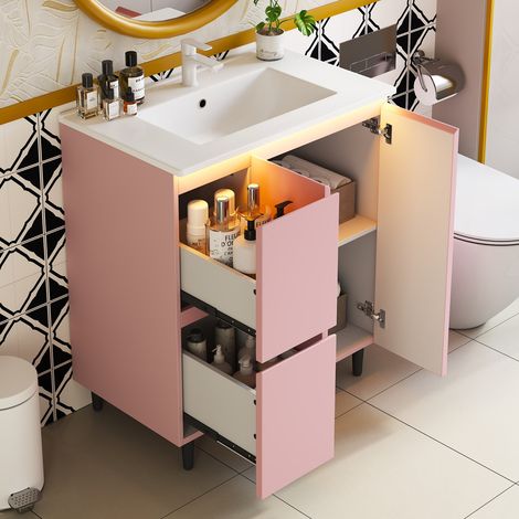 Meuble sous vasque avec lavabo céramique 76x47x89 cm,meuble de salle de bain avec LED,tiroirs,Meuble sous vasque,rose (1/5)