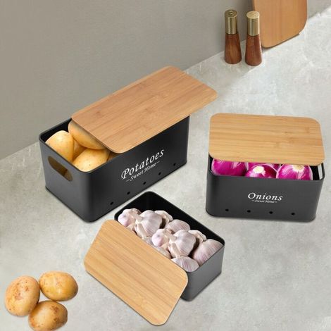 3pcs pommes de terre oignons métal boîte de rangement couvercle en bambou ensembles de conteneurs (1/5)