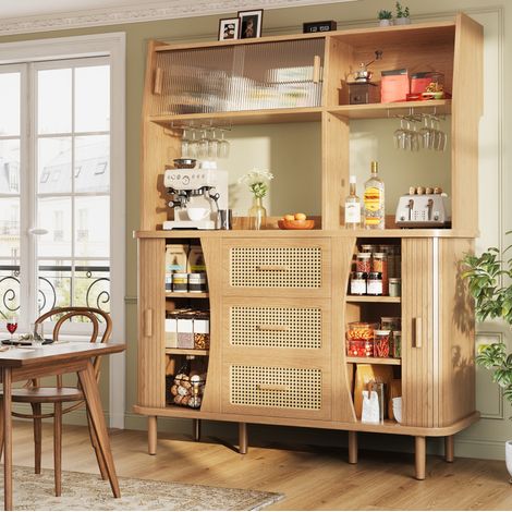 MEUBLIV Buffet de cuisine 140 x 40,5 x 174,5 cm décor bois avec portes coulissantes en verre (1/5)