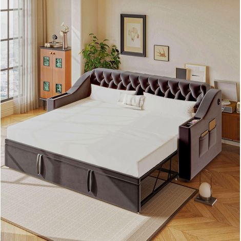 Canapé-lit en velours gris 90x190 cm extensible 180x190 cm, rangements intégrés, USB et sommier à lattes (1/5)