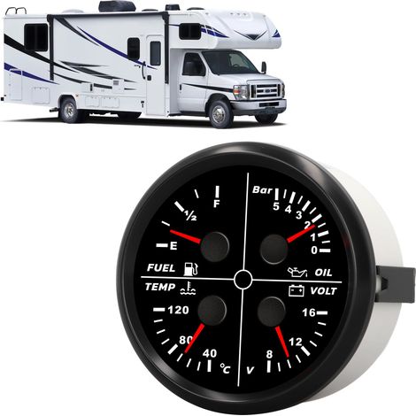85-mm-Multifunktions-Schiffsinstrument (4-in-1): Ölstand + Öldruck + Wassertemperatur + Spannung. Kombiinstrument mit mehreren Messpunkten, geeignet für Wohnmobile, Yachten und Boote (schwarzes Ziffer (1/5)