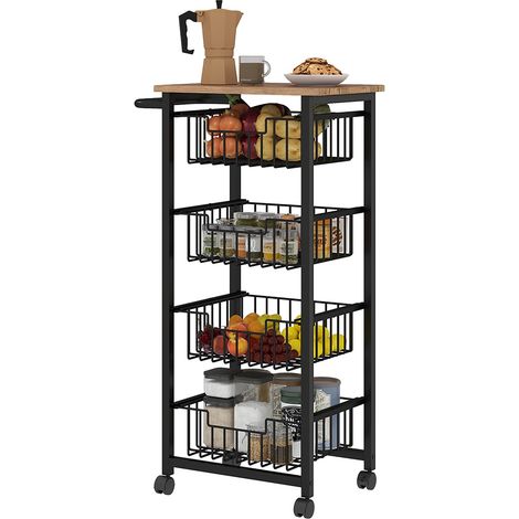 Küchenwagen Servierwagen mit Arbeitsplatte, 4 ausziehbaren Stahlkörben, Rollwagen für Büro, 49,5 x 31 x 91 cm, Eiche Aosom
