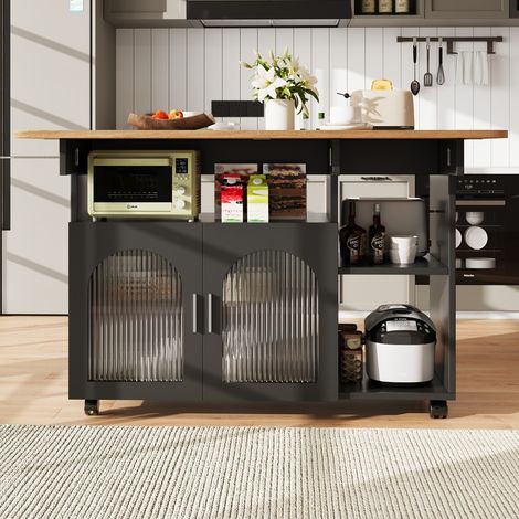 Desserte Cuisine Îlot & Contemporains - 120x60cm - Plateau Amovible, Bois et Métal Noir - Rangement (1/5)