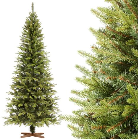 FAIRYTREES Weihnachtsbaum künstlich 220cm Nordmanntanne SLIM Premium  Tannenbaum Holzständer  Made in EU  Christbaum künstlich mit Naturgetreue Spritzguss Elemente