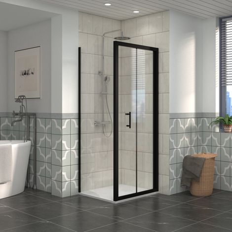 NRG Bathroom Bi- Fold Shower Door Black Framed + Side Panel, 800 x 800mm Shower Enclosures with White SMC Square Shower Tray (1/5)