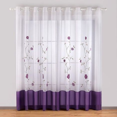 1 Pièce Rideaux à Oeillets Voilages Broderie Floral pour Chambre Cuisine Salon, 140cmx225cm, Violet-Ensoleillé (1/4)