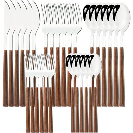 (Ensemble de 30 pièces) Vaisselle en acier inoxydable avec manches en imitation bois, comprenant des couverts, des fourchettes, des cuillères à café, etc. (1/5)