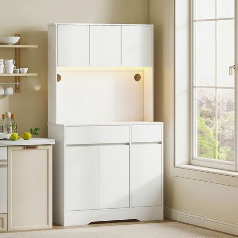 Buffet cuisine meuble cuisine rangement haut avec lumière LED RGB, plan de travail, 6 portes, 2 tiroirs, blanc (1/5)