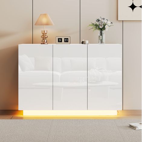 buffet rangement LED 120 cm portes blanc brillant OKMYHOME (1/5)