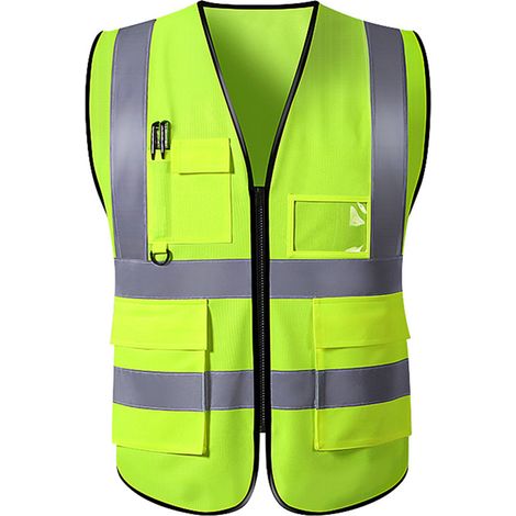 Ortviai Gilet de Sécurité Réfléchissant Vert avec Fermeture Éclair et Multiples Poches pour Chantier, Route et Travaux Publics