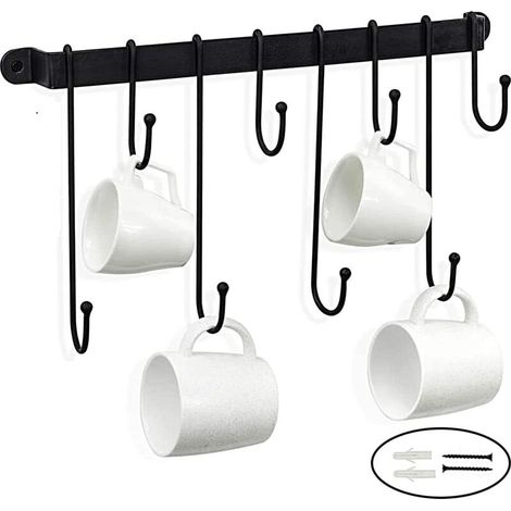 Porte Casseroles Mural de Suspension 40CM avec 8 Crochets, Adhésif Fort Barre Cuisine Ustensiles étagère, pour Casserole, Pot, Couvercles, Ustensiles de Cuisine, Noir (1/5)