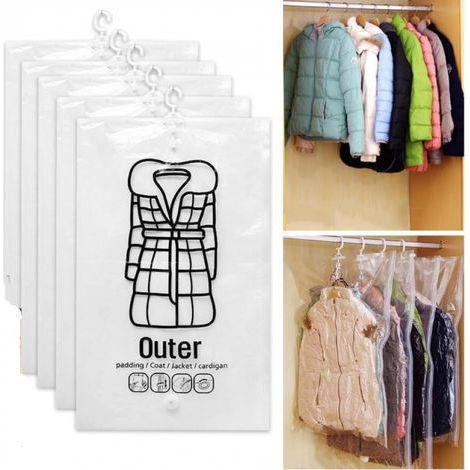 Hanging Vacuum Storage Bags, 5-Pack, Reusable and Space-Saving Compression Bags with Hook for Clothes, Space-Saving Compression Bags for Dresses, Coats, and Down Jackets (1/5)