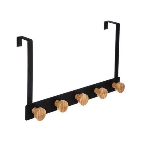 5Five Simply Smart – Patère de porte en métal noir 5 crochets en bambou – Longueur 33 cm – Installation sans perçage – Rangement efficace pour vêtements et serviettes (1/6)