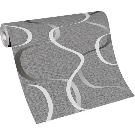 Papier peint moderne gris & blanc intissé Tapisserie à motif ondulations pour salon Papier peint tendance gris à motif ondulé (1/3)