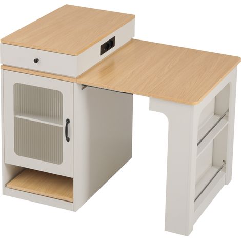 Table à manger extensible avec roulettes et prises intégrées, meuble de rangement blanc à plateau amovible pour cuisine et salle à manger (1/5)