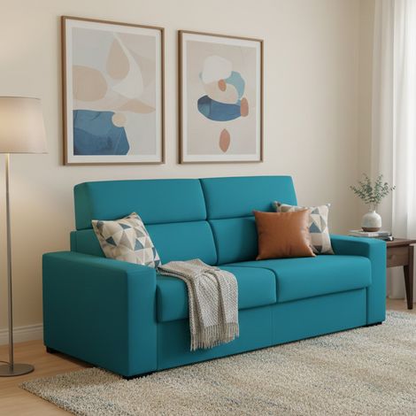 Divano Letto 3 Posti Marcon, Sfoderabile, Contenitore Made in Italy, Lavabile, 220x95 cm Azzurro (1/5)