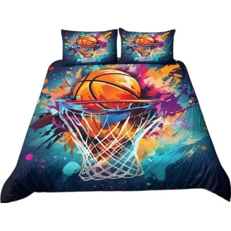 Parure de lit motif basketball 220x240cm, microfibre douce, 2 taies d'oreiller, décoration pour chambre d'ado (1/5)