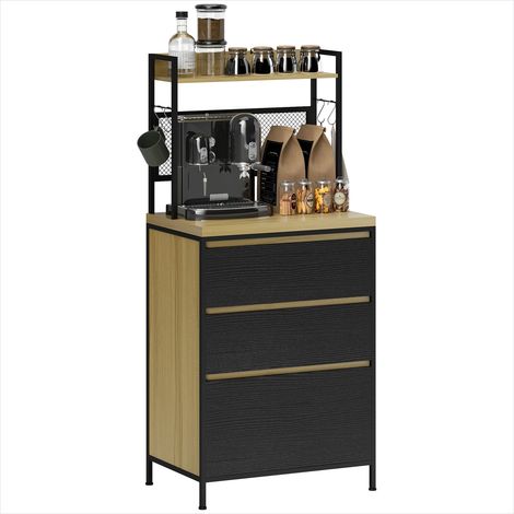 Buffet de cuisine industriel en MDF effet bois naturel et métal noir 60x40x132 cm avec 3 tiroirs et étagère porte-ustensiles (1/5)