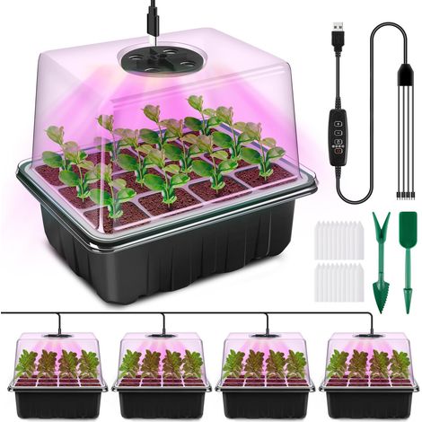Plateau de germination avec lampe de croissance, lot de 4, avec minuterie, luminosité réglable, dômes d'humidité et couvercles surélevés, vert-AquaForge (1/5)