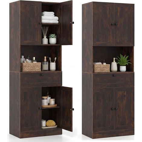 COSTWAY Mobile da Bagno Salvaspazio, Mobile da Terra con 4 Ante,60 x 35 x 171,5 cm,Marrone (1/5)