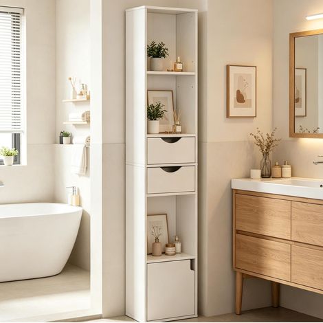 Meuble rangement 157,5 cm blanc, tiroirs et porte HAVRYA (1/4)