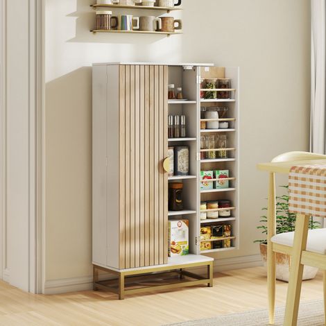 Armoire de meuble cuisine cuisine rangement avec 12 étagères à portes. étagères ajustables. 58x29x119.5cm. blanc(Ha) (1/4)
