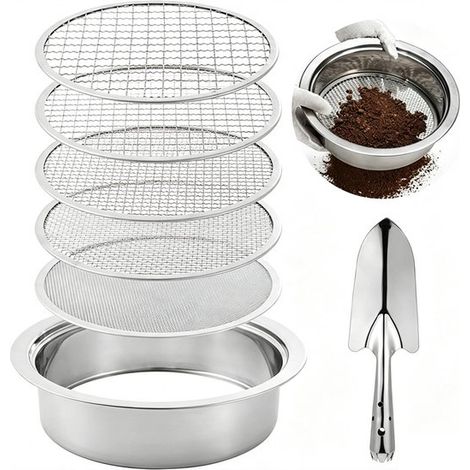 Set di setacci per terreno, setaccio da giardino 5 in 1, setaccio per compost. Dimensioni dei setacci: 1, 3, 6, 9 e 12 mm. Include pala e telaio per setacciare il terreno. (1/5)