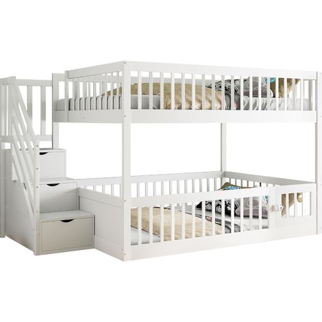 Lit superposé 140 x 200 cm avec escalier de rangement, tiroirs intégrés, sécurité renforcée et porte ludique pour chambre d'enfant - CHICFURN (1/5)