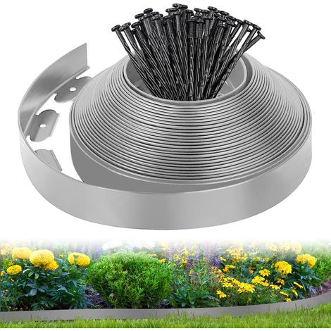 Bordure de Pelouse Flexible 10M x 5cm, Clôture de Jardin en Plastique avec 50 Piquets, Bordure de Délimitation pour Pelouse, Parterre, Allée de Patio, Gris (1/5)
