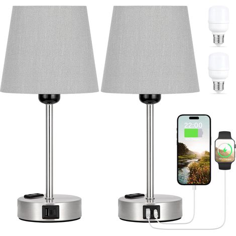 Lampe de chevet tactile avec ports USB-A+C et prise secteur, 2 ampoules, 3 réglages de gradation, gris, base argent givré, pour chambres, salons, chambres d'enfants et bureaux [Classe d'efficacité éne
