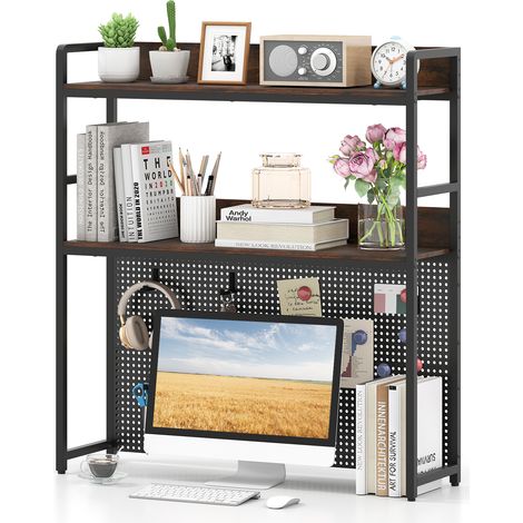 Costway – Étagère de bureau à 2 niveaux – Panneau perforé pour rangement personnalisé – Support moniteur jusqu'à 32" – Métal robuste – Brun rustique et noir (1/5)