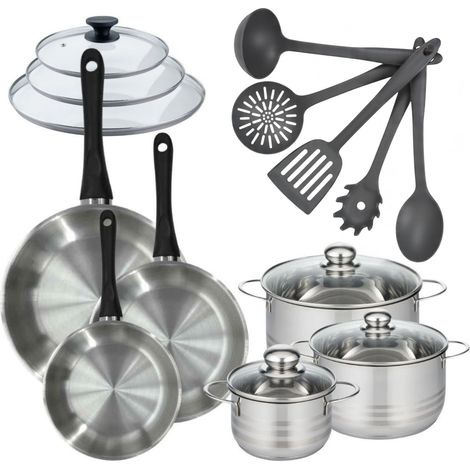 Batterie de cuisine avec 3 faitouts 16/20/24 cm et 3 poêles 20/24/28 cm et 8 ustensiles de cuisine Fackelmann Généva Brillant Clip avec couvercles