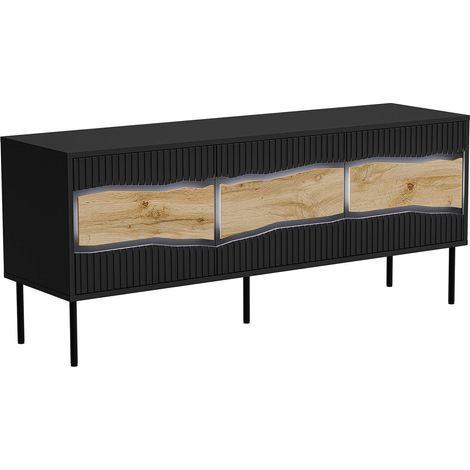 Meuble TV Novoli, buffet de salon avec trois portes battantes et trois compartiments intérieurs, avec lumières LED, surélevé du sol, 144x40 h62 cm, noir et nœuds de chêne (1/5)