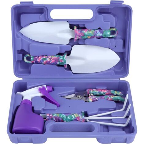 Juego de 5 herramientas de jardinería con caja de almacenamiento, que incluye paletas para trasplante, tijeras, rastra, removedor de óxido y pulverizador (morado). (1/5)